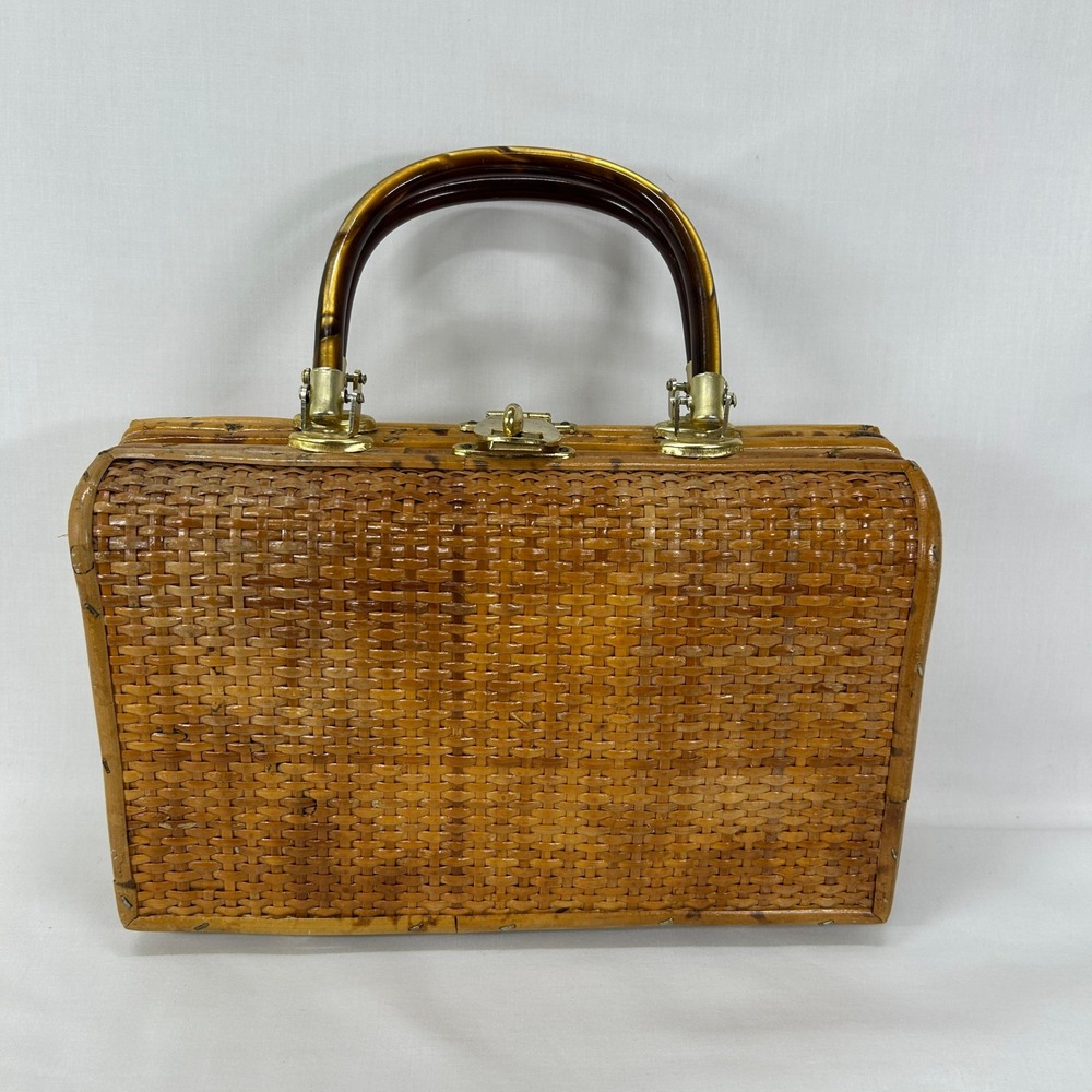 Vintage Wicker Bamboo Basket Handbag Tortoise Handle Retro Picnic Purse